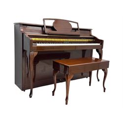 Knight - upright piano in mahogany gloss lacquered case, with stool,  rectangular slide back fall front enclosing full keyboard, with twin brass pedals, cabriole legs 