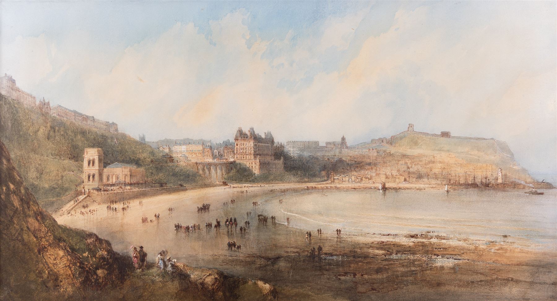 Paul Marny (French/British 1829-1914): Expansive View of Scarborough South Bay, watercolour signed 49cm x 90cm 
Provenance: from the collection of Mary McGill, the late wife of Tom Laughton CBE (1903-1984). Laughton was a Scarborough hotelier and avid art collector; the Laughton bequest forms an important part of the collection of Scarborough Art Gallery, and the present picture appears to be another version of the painting by Marny in the Laughton Bequest.