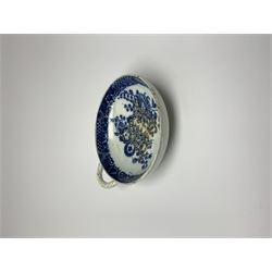 Late 18th/early 19th century Leeds Pottery egg drainer, the pierced bowl of circular form decorated with blue transfer printed floral spray and floral border, the twisted handle with foliate mounts, bowl D9cm