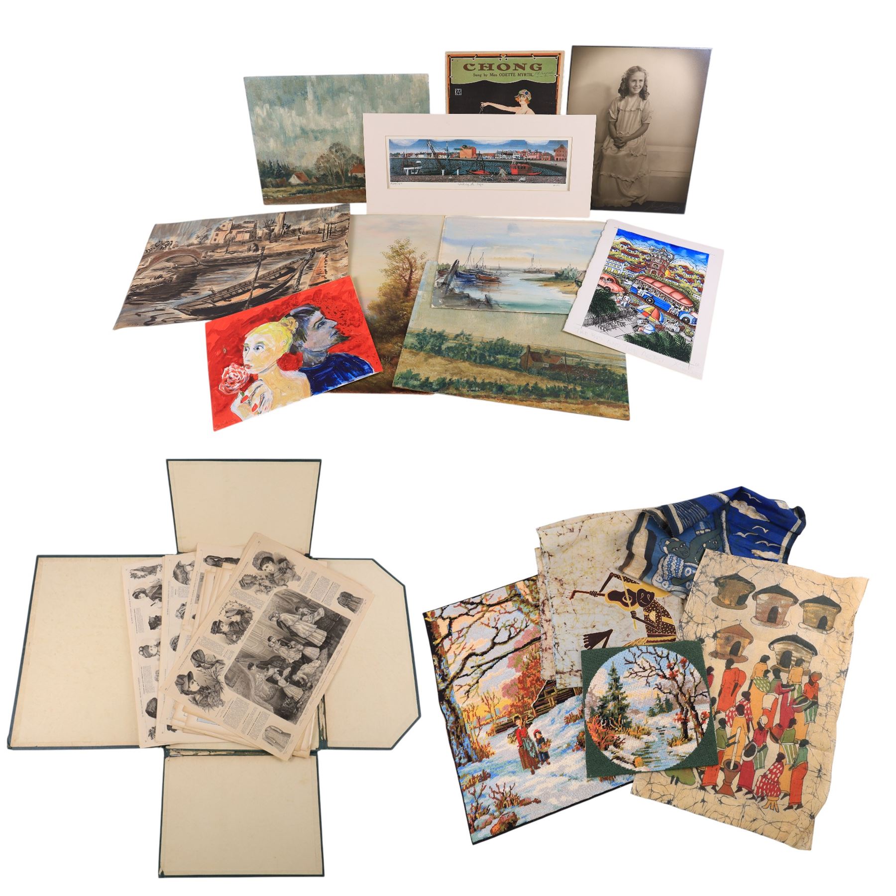 Collection of pages from Le Rire and La Mode illustrée - 19th/20th Century French magazines, lithograph max 37cm x 52cm; Collection of landscapes, portraits and figurative studies in various mediums to include Twilleys of Stamford Winter Landscape needlepoint tapestry, variously signed max 88cm x 71cm (46) (unframed)