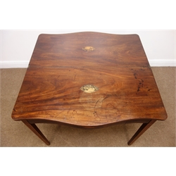  George lll mahogany serpentine front folding tea table, inlaid with specimen wood roundel, Trafalgar cannon and stringing, square tapered supports with single gate action, L90cm, W91cm, H75cm   