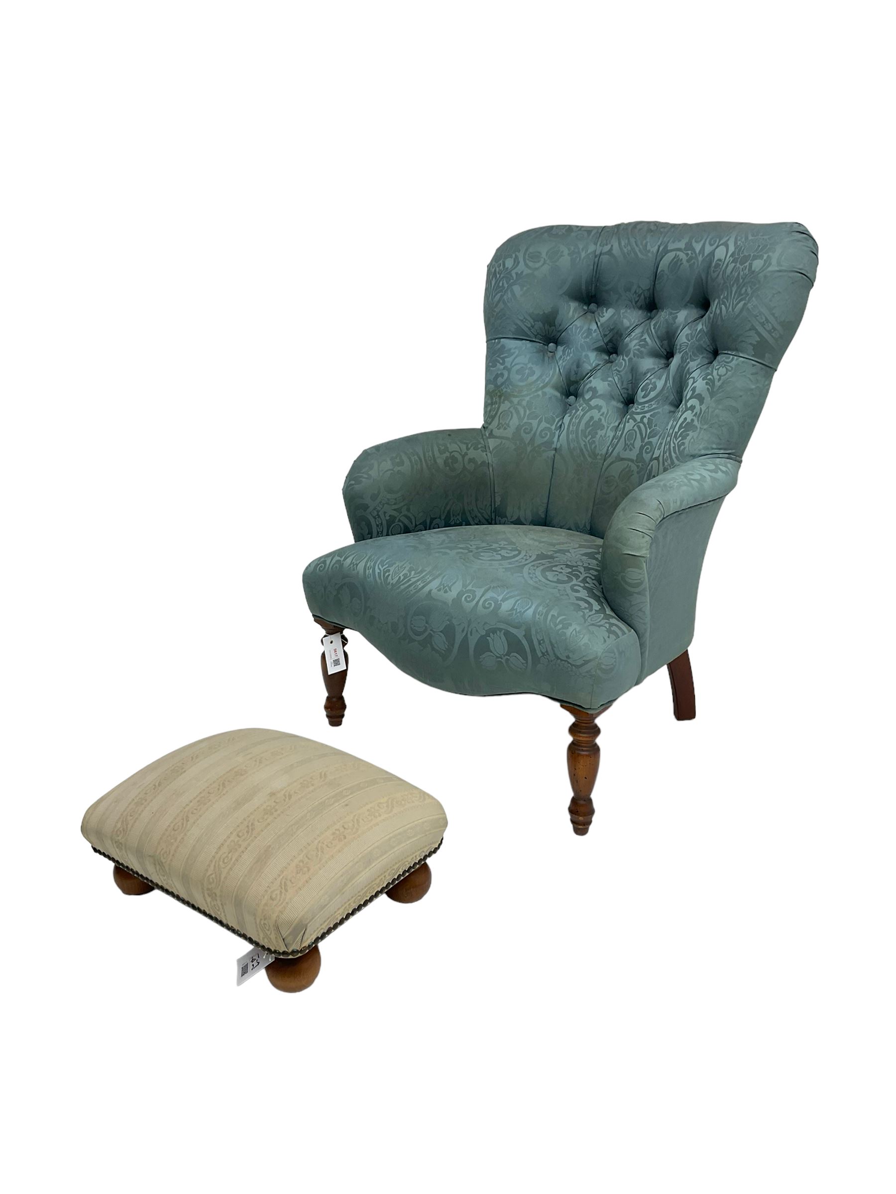 Victorian style bedroom chair in buttoned upholstry and a rectangular upholstered footstool