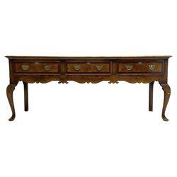 Georgian design oak dresser base, moulded rectangular top over three drawers with moulded fronts and mahogany bandings, shaped apron on cabriole front supports