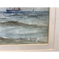 Austin Smith (British early 20th century): Shipping off Scarborough, watercolour signed 21cm x 47cm