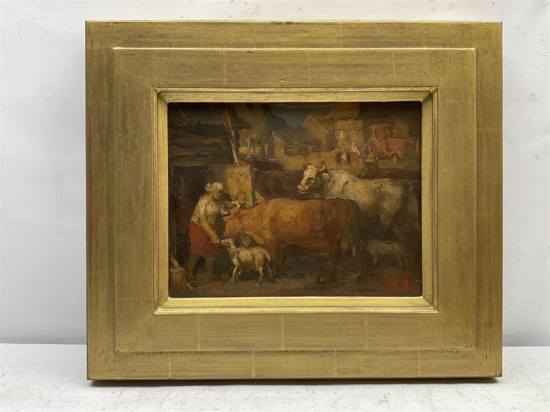 Anatoli Buldakov (Russian 1947-): Farmstead, oil on paper laid on panel signed with monogram and dated '90, inscribed verso with photo of the artist 19cm x 25cm