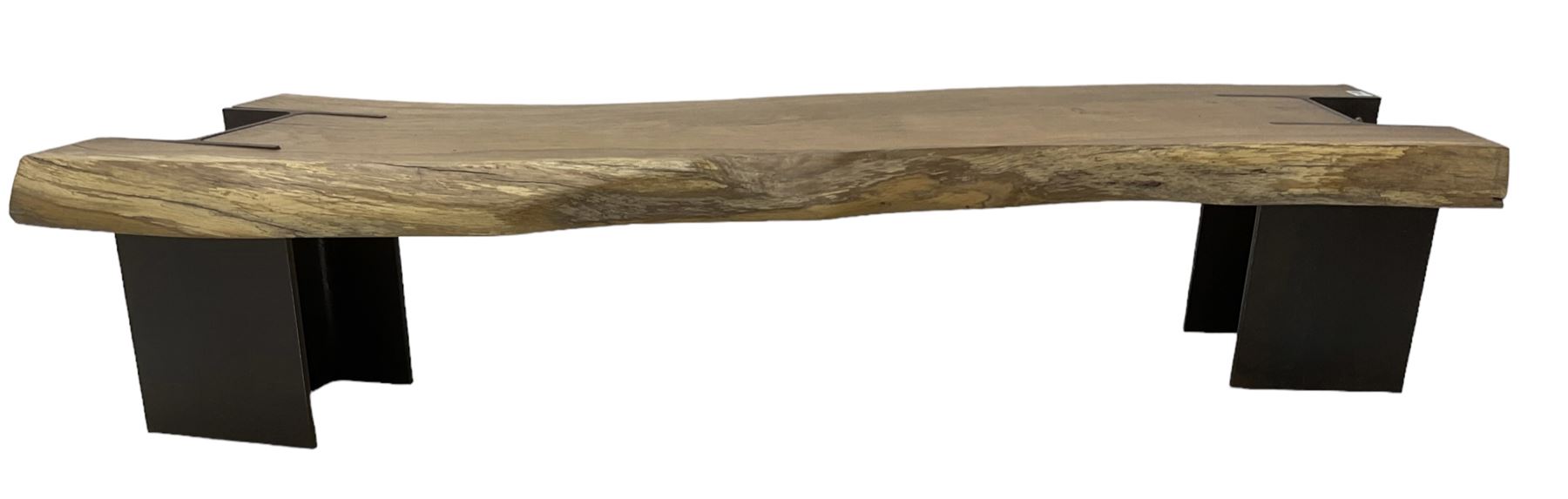 Raw edge shaped oak plank bench or side table on steel RSJ supports