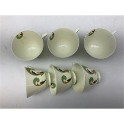 Royal Doulton Art Deco tea set for six, comprising six teacups, six saucers, open sucrier, milk jug, side plates and cake plate, decorated with foliate scroll in green, gold and black