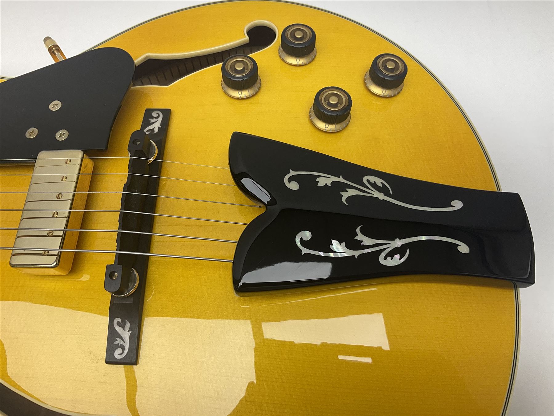 Ibanez George Benson 40th Anniversary arch top semi-acoustic guitar with floating pick-ups and mother-of-pearl inlay; model no.GB40THII serial no.S16120480; L104.5cm; in Ibanez hard carrying case with manual