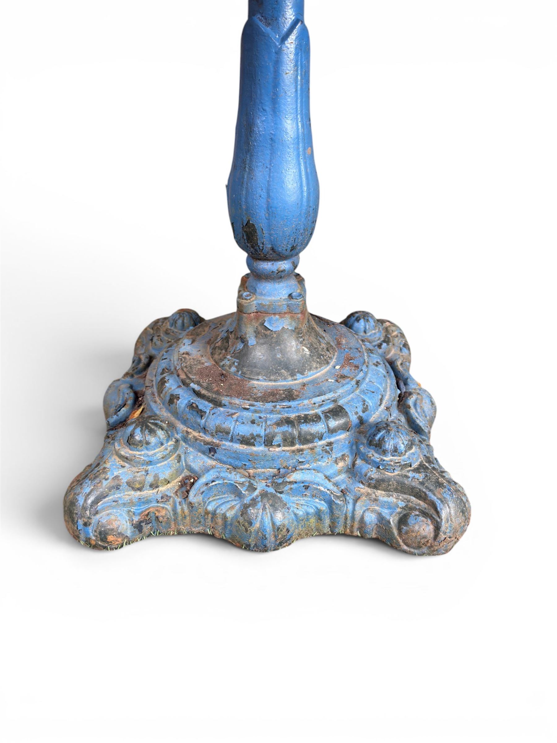 Victorian revival ornate cast iron garden table, pierced square top, pedestal base, finished in distressed blue paint