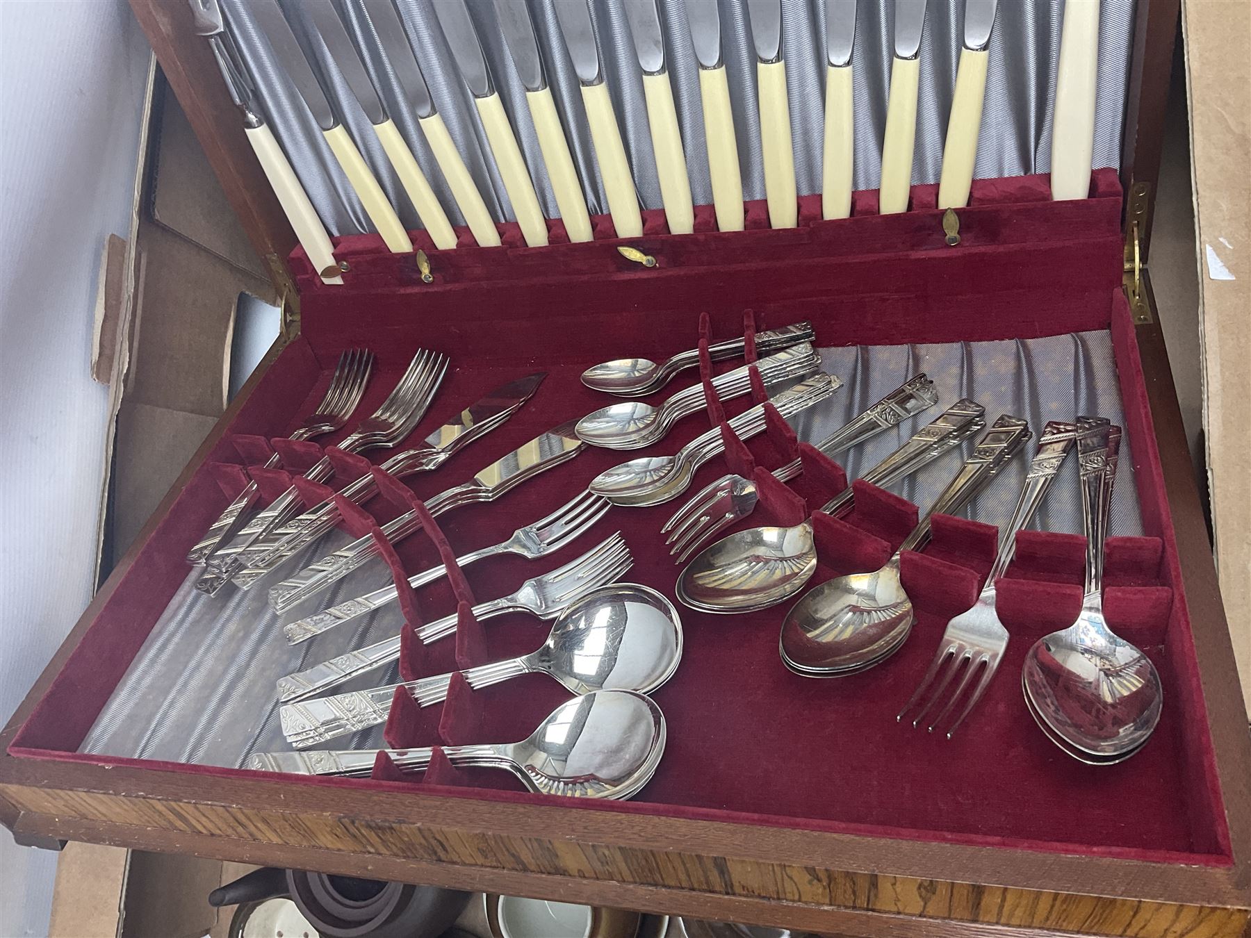 Cased canteen of cutlery, together with set of fish flatware, French teawares etc, in two boxes 