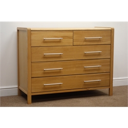  Modern light oak chest, of two short and three long drawers, stile supports, W110cm, H85cm, D45cm  