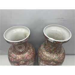 Pair of floor vases, with floral decoration on a pink ground, together with a jug and spelter figure, vases H60cm (4)