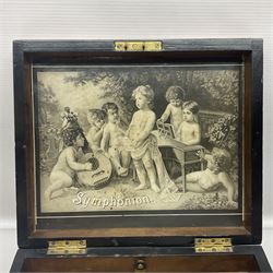 Late 19th century walnut cased Symphonion with side cranking handle, playing 19cm discs on a 7cm comb with forty-one teeth (one broken); lithograph of musical cherubs under hinged lid L27cm; together with eight 19cm discs