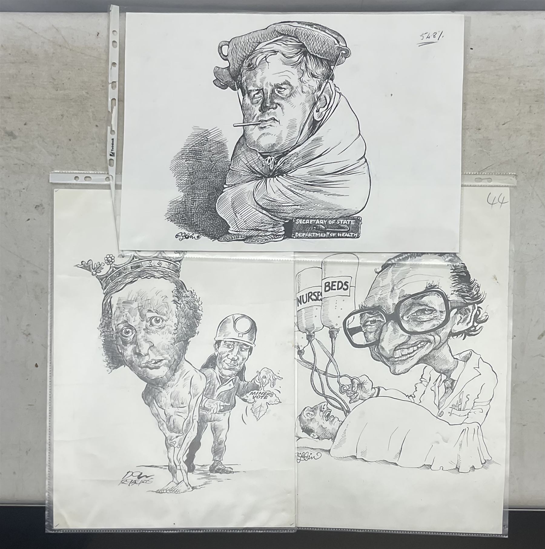 Charles Griffin (British 1946-): Collection of five political and social cartoons c.1985, including caricatures of various politicians, Crossroads characters, SDP plans for liberal takeover etc (5) (unframed)