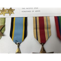 Representative display of WWII Campaign stars comprising 1939-1945 Star, Atlantic Star, Air-Crew Europe Star, Africa Star and Pacific Star; together with the corresponding group of miniatures; all with ribbons