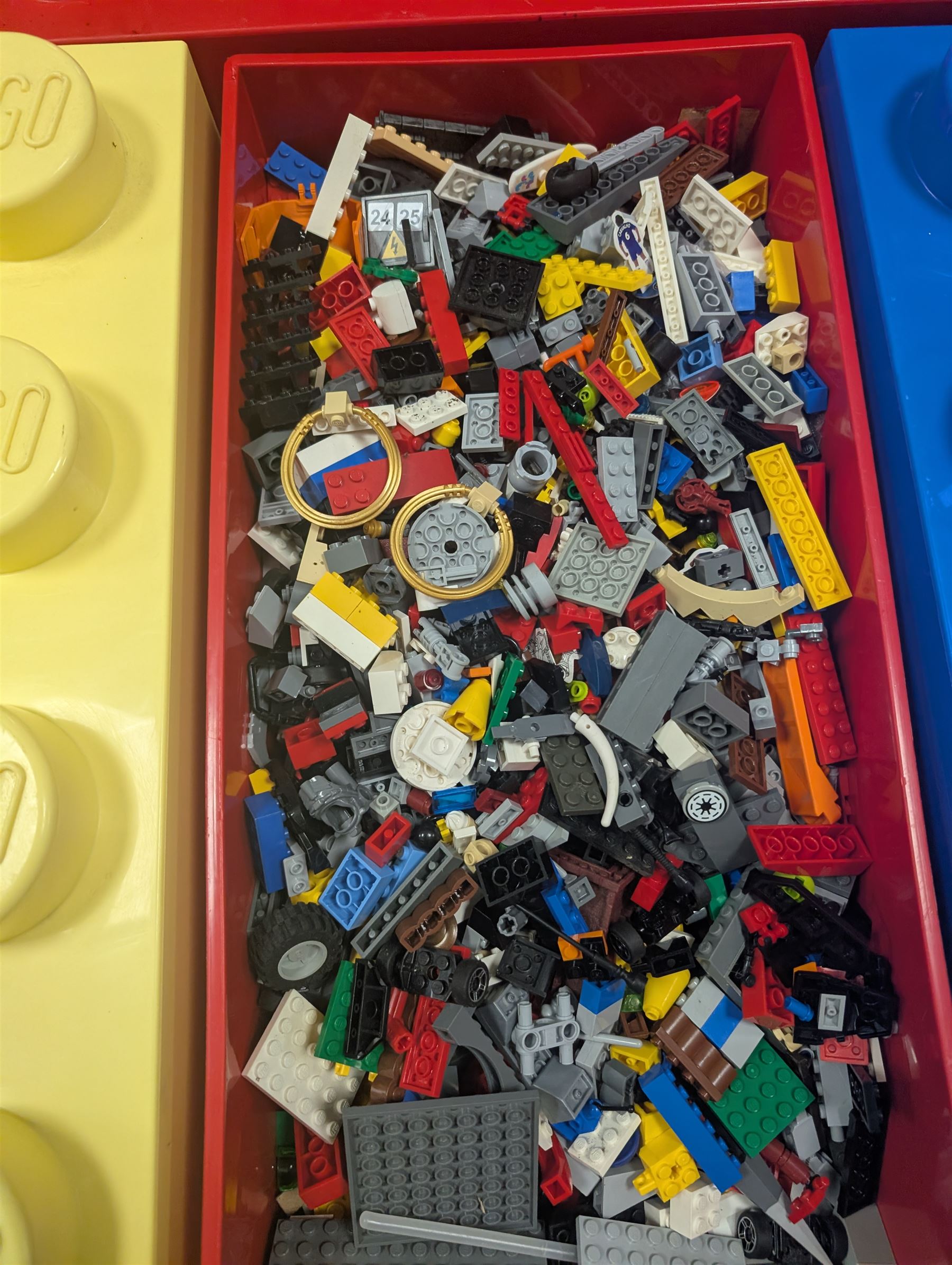 Collection of loose Lego, contained in three stackable Lego brick boxes