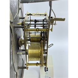 Late 18th century clock movement and dial, square brass dial with Arabic and Roman chapter ring signed 'Thos. (Thomas) Johnston, Dublin', with subsidiary seconds dial and calendar aperture, the dial set with ornate mask cast spandrels, twin train eight day movement striking on bell, with anchor escapement (34.5cm x 34.5cm, 13 1/2