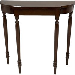 Early 19th century mahogany two-tier corner washstand (W58cm, H82cm); 20th century mahogany console table, on turned supports (W76cm, H75cm, D26cm)