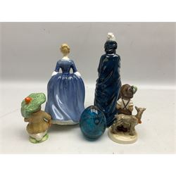 Two Royal Doulton Figures, comprising Masque HN2554, Alison HN2336, together with Beswick Benjamin Bunny, Goebel boy with goats and a Faberge style blue glass egg with gilded laurel and star design