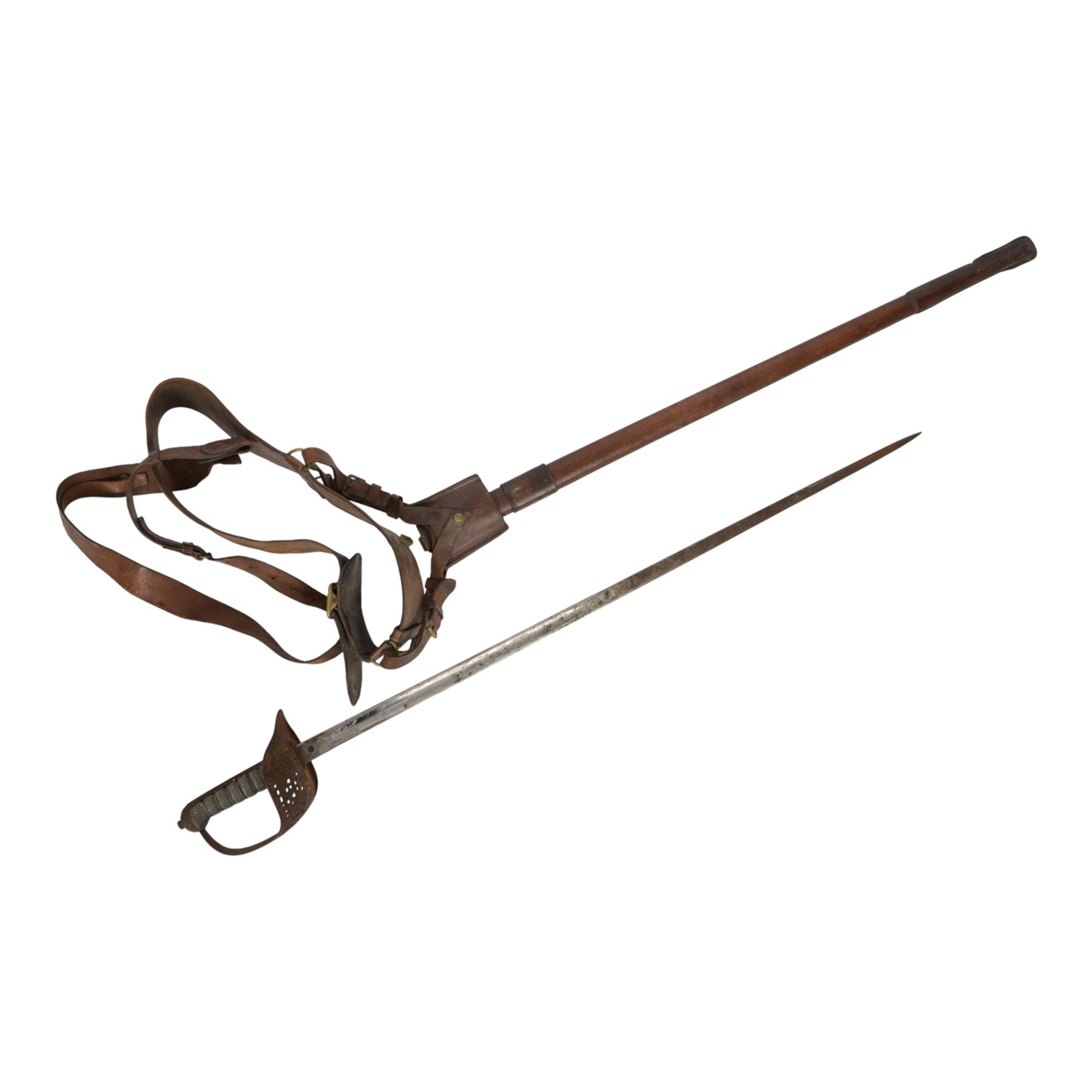 British Edward VII 1897 pattern Infantry Officer's sword, by F.W. Flight, the 82cms single edged blade etched with leaf design and Royal cypher, the hilt with pierced and cypher decorated guard around wire bound shagreen grip, within leather scabbard with frog and Sam Browne, overall L100cm