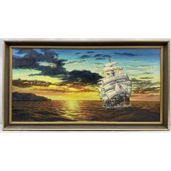 Keith Sutton (British 1924-1991): Privateer off the Coast at Sunset, oil on canvas signed 60cm x 122cm