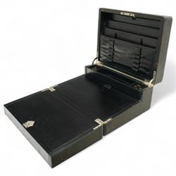 Early 20th century travelling writing box, by James Hurry of London, the leather exterior with Braman lock, the white metal cartouche engraved with FE monogram, opening to reveal compartmental interior, with 'Ink' and 'Light' boxes, and further to reveal writing slope, H18cm x W35cm x 27cm 