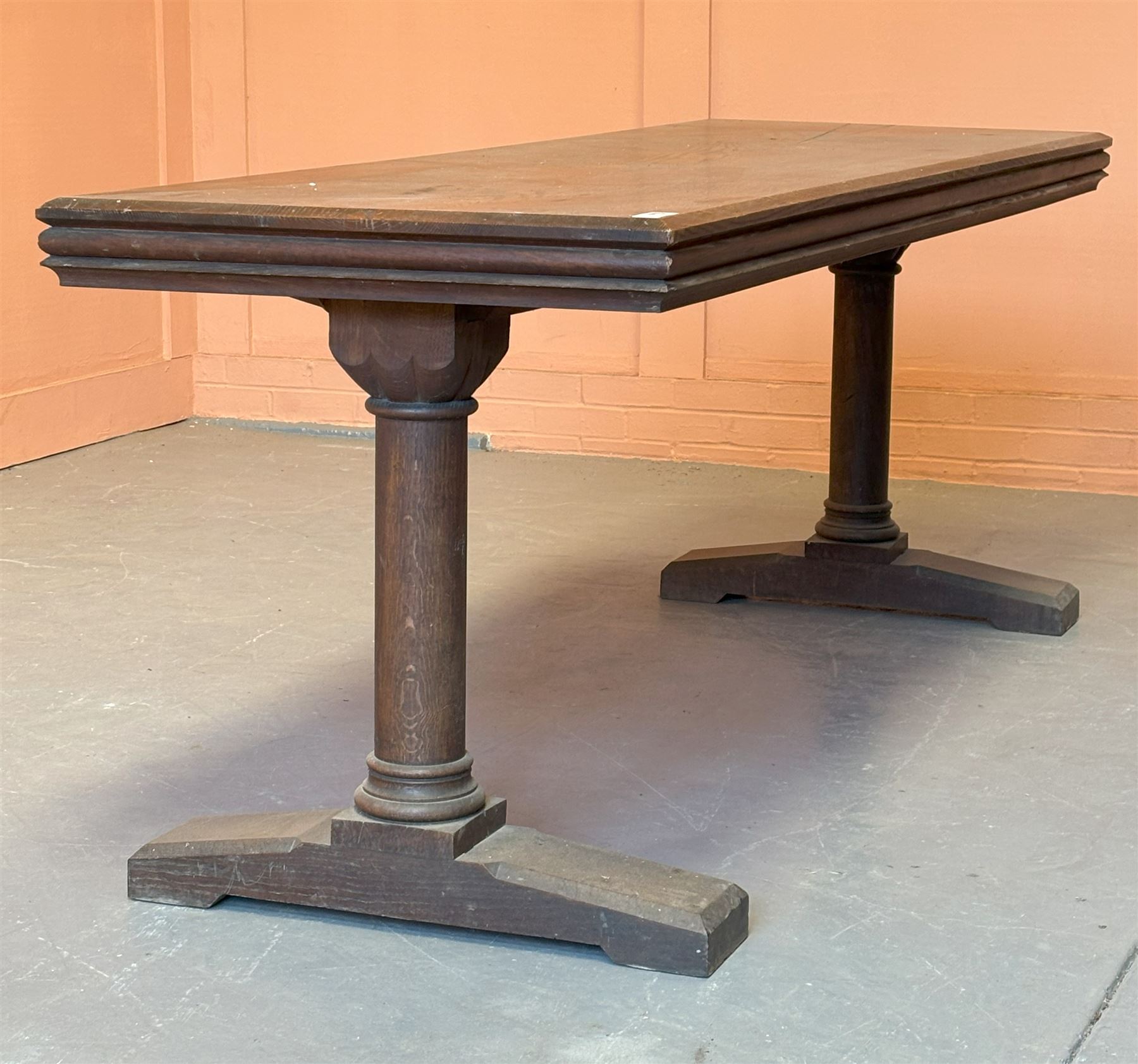 Late 19th century oak refectory table, the rectangular top with chamfered edge above a moulded frieze, raised on columnar supports above splayed base. H81cm, 213cm x 72cm.  - COLLECTION BY APPOINTMENT FROM: The White House, Thirsk Road, Easingwold, York, YO61 3NF - CALL 01723 507111 TO ARRANGE