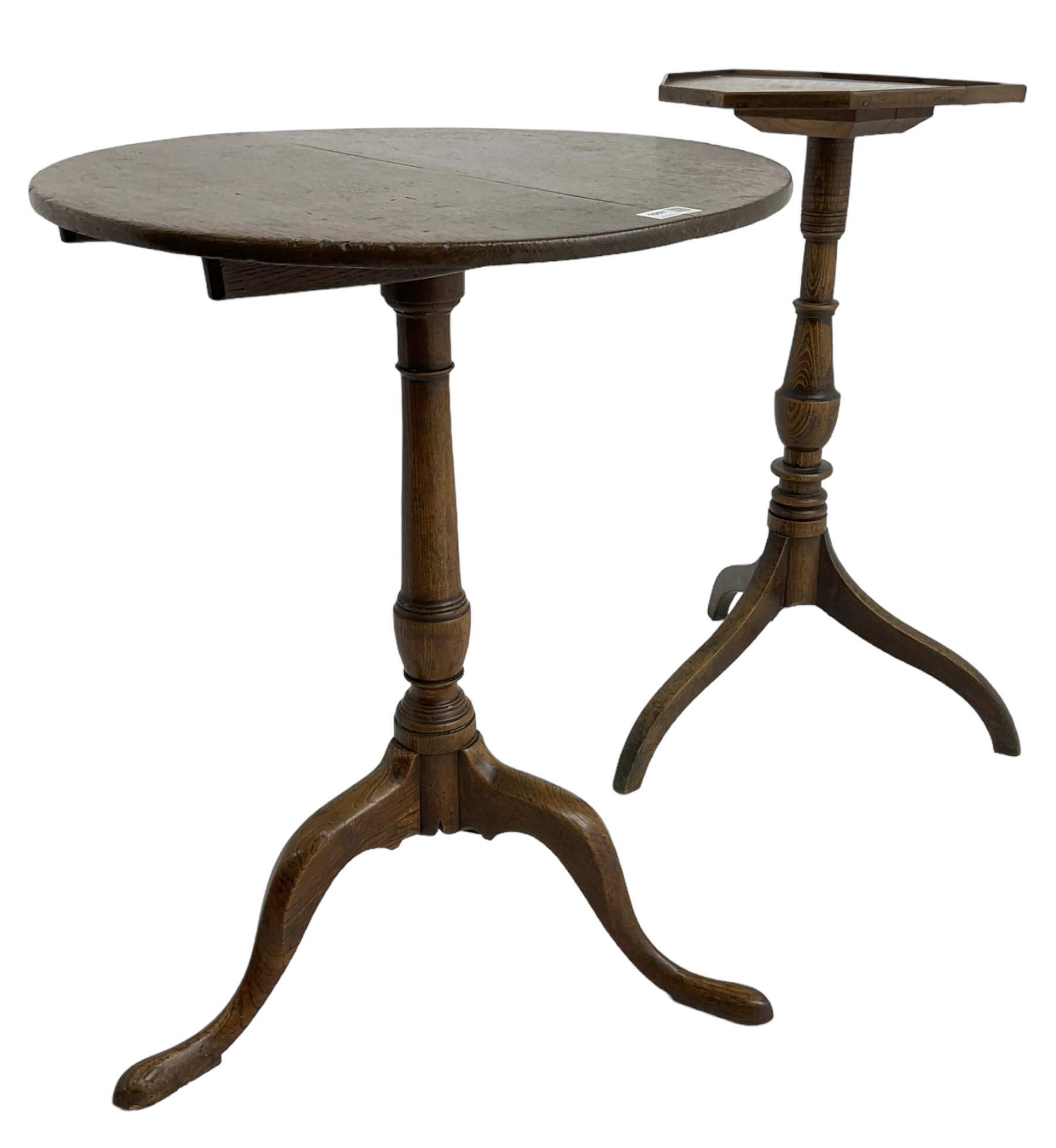Early 19th century elm and oak tripod table, decagon oak top with raised edge, on turned column with three splayed supports (H74cm); and an early 19th century elm and oak tripod table, circular oak tilt top on turned column with three splayed supports (H70cm) 