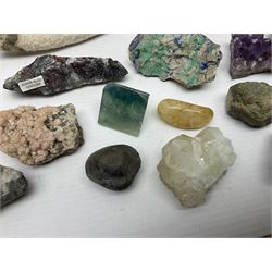 Collection of minerals and coral, including rainbow carborundum, amethyst geode etc  