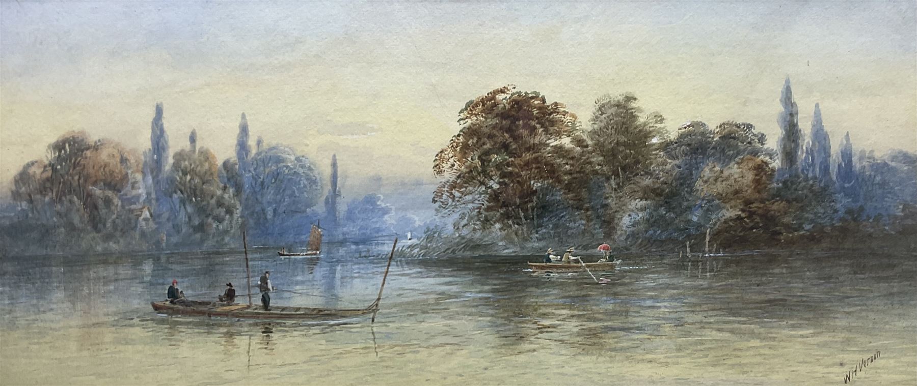 William Henry Vernon (British 1820-1909): Punting on the River, watercolour signed 23cm x 53cm