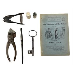 Military interest - Pair of SOE wire cutters by H Brindley; Needle dagger with triform blade 15.5cm; Iron key with secret message compartment; ‘Pill box’ telescope; Wire cutters; Field Engineering and Mine Warware pamphlet No. 7, Booby Traps (6)