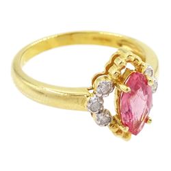 18ct gold padparadscha sapphire and diamond ring, single marquise cut sapphire of approx 0.75 carat, in openwork diamond and bead setting, Birmingham 2006