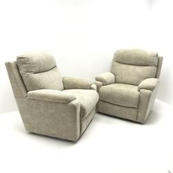 Three seat sofa upholstered in a stone patterned fabric (W200cm) and two matching armchairs (W95cm)