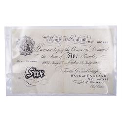Bank of England Beale July 25th 1951 white five pound note 'V27'