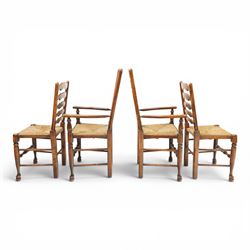 Set of eight country ladderback chairs (6+2), shaped ladderback over a rush seat, raised on turned supports, united by stretchers