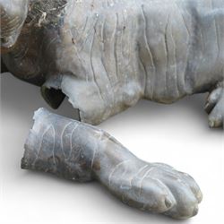 Pair of Chinese cast bronze tiger figures, one in a seated resting pose and the other advancing with open mouth, both with incised striping and aged bronze patina
Seated tiger (H 54cm, W 63cm, L 129cm)
Stood tiger (H 76cm, W 40cm, L 176cm) 