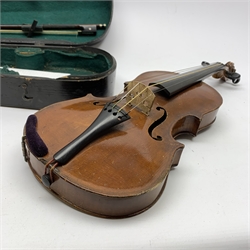 John Murdoch & Co. 'The Maidstone' three-quarter size violin with 33.5cm two-piece maple back and ribs and spruce top, bears label, 55cm overall, in original ebonised wooden 'coffin' case with two bows 