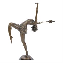  Art Deco style bronze figure of a female dancing with flame torches, raised upon marble socle base, signed F. Paris, H43cm