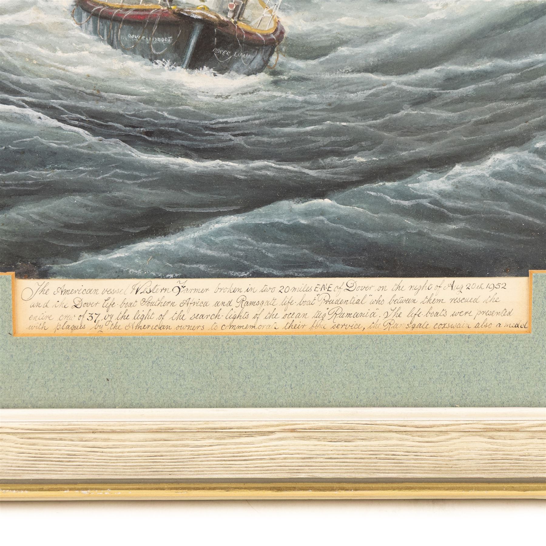 Alf Whiting (British 1905-1972): 'The Dover and Ramsgate Boats Stand By', watercolour signed, extensively titled on the mount, further titled verso 34cm x 50cm 

Notes: the picture depicts the rescue of the American Liberty Ship 'Western Farmer', which collided with the Norwegian tanker 'Bjor Gholm' twenty miles east of Deal on the 20th August 1952. The Dover lifeboat 'Southern Africa' and the Ramsgate lifeboat 'Prudential' rescued the entire crew of 37, by the light of the steam tug 'Rumania'.

Whiting was a Dover lifeboat man famed for returning from each rescue to paint the scene from memory. This was one of only two paintings done by Whiting showing a lifeboat of which he was not onboard; he had his legs in plaster at the time and was unable to go to sea, but the event became so famous that he was requested to paint it. An article on the artist from the East Kent Messenger, 13th July 1956, illustrating the present picture, is reproduced verso.