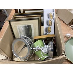 Quantity of modern homewares to include lamps and light fittings, quantity of prints, pair of women's shoes marked Kurt Geiger, size 36.5, quantity of vinyl records, framed Egyptian pictures etc
