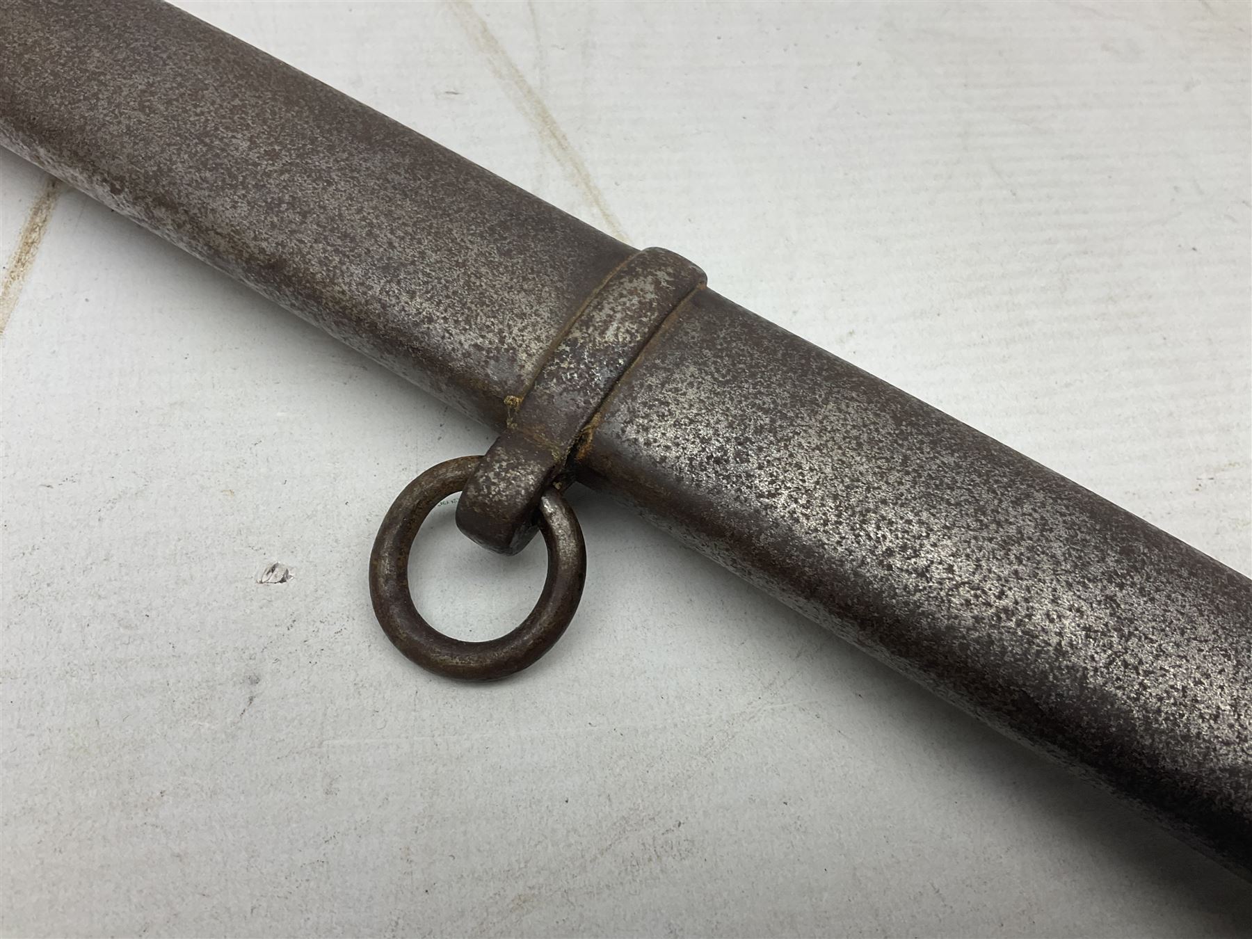 British 1821 Pattern Light Cavalry Officer's sword, with plain 87.5cm slightly curving fullered steel blade and plain steel three-bar hilt with wire-bound fish skin grip and plaited knot on later cord; in steel scabbard with two hanging rings L103cm overall