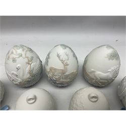 Ten Lladro bells and eggs, comprising set of four Bells by Season; Spring no 7613, Summer no 17614, Fall no 17615 and Winter no 17616, Christmas bell 1990, no 5641, two Christmas Balls 1988 no 1603, and three easter eggs, 1994, 1995 and  1996