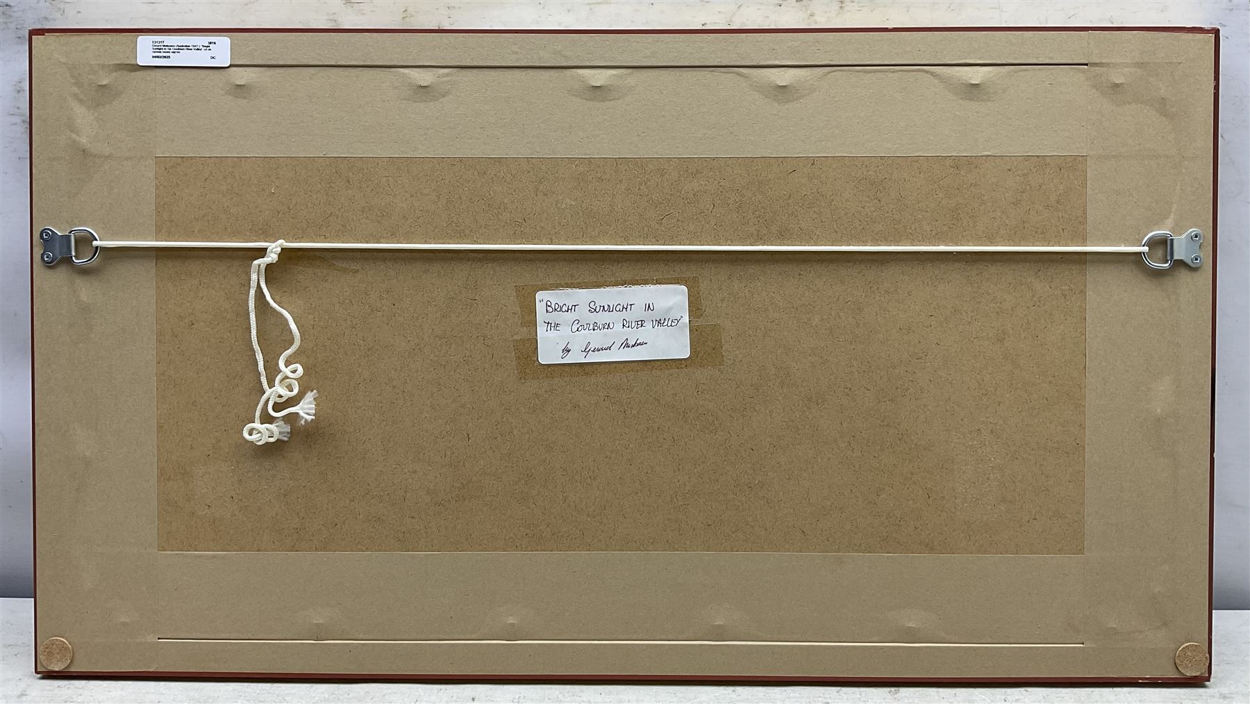 Gerard Mutsaers (Australian 1947-): 'Bright Sunlight in the Goulburn River Valley', oil on canvas board signed, titled on label verso 18cm x 49cm 