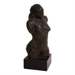 Bronzed sculpture modelled as a female torso, upon a square plinth, H39cm 