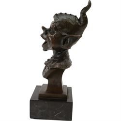 Modern bronze bust of a goblin upon a square black marble base, signed Juno, H28cm