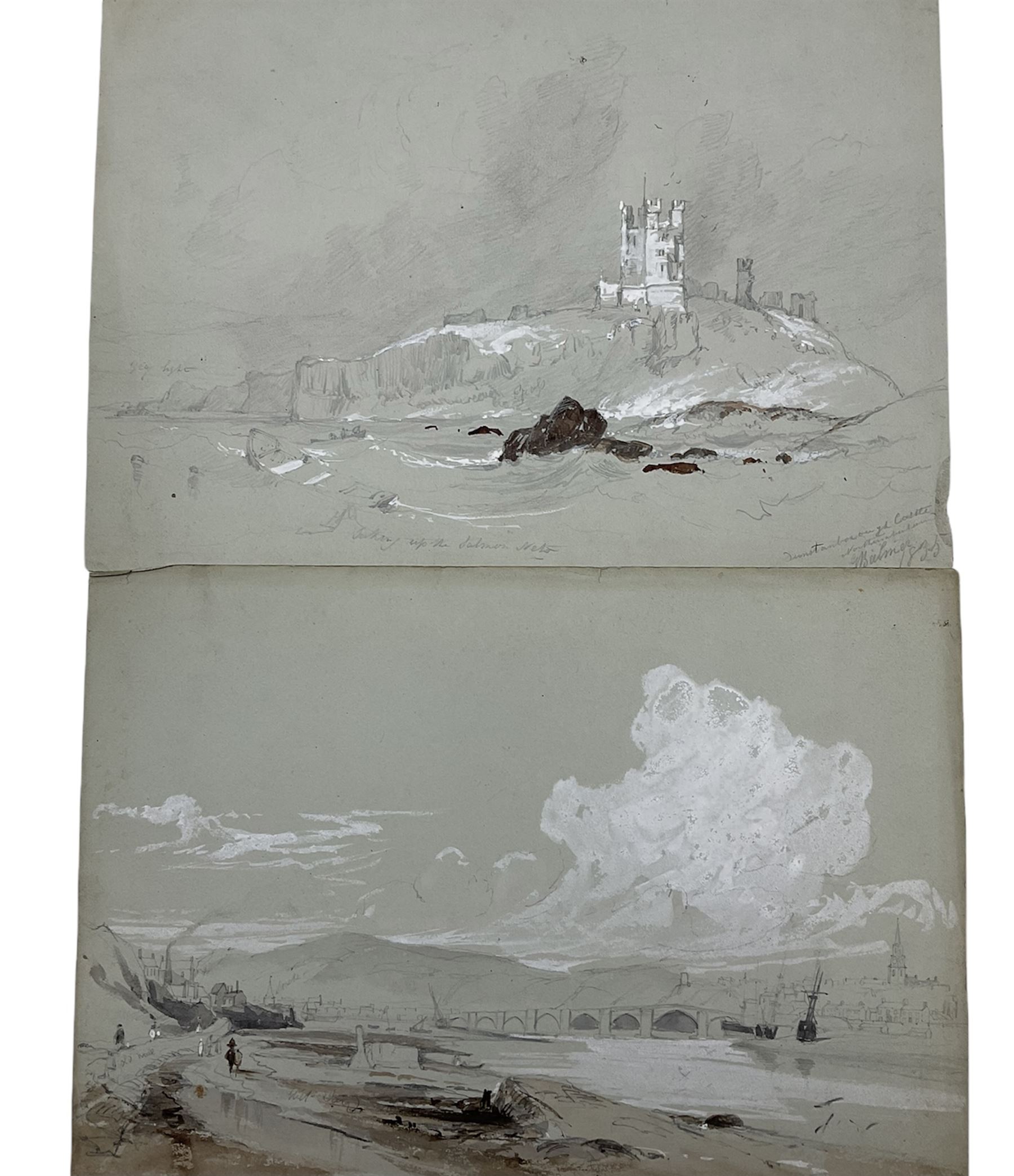 George Balmer (British 1806-1846): 'Dunstanborough Castle' Berwick' 'Blyth' & 'Bamborough Castle', five pencil sketches highlighted in brown and white on grey paper signed titled and dated 1835, 23cm x 32cm; 'Bamborough Castle', 19th century pencil unsigned 34cm x 45cm (unframed) (6)