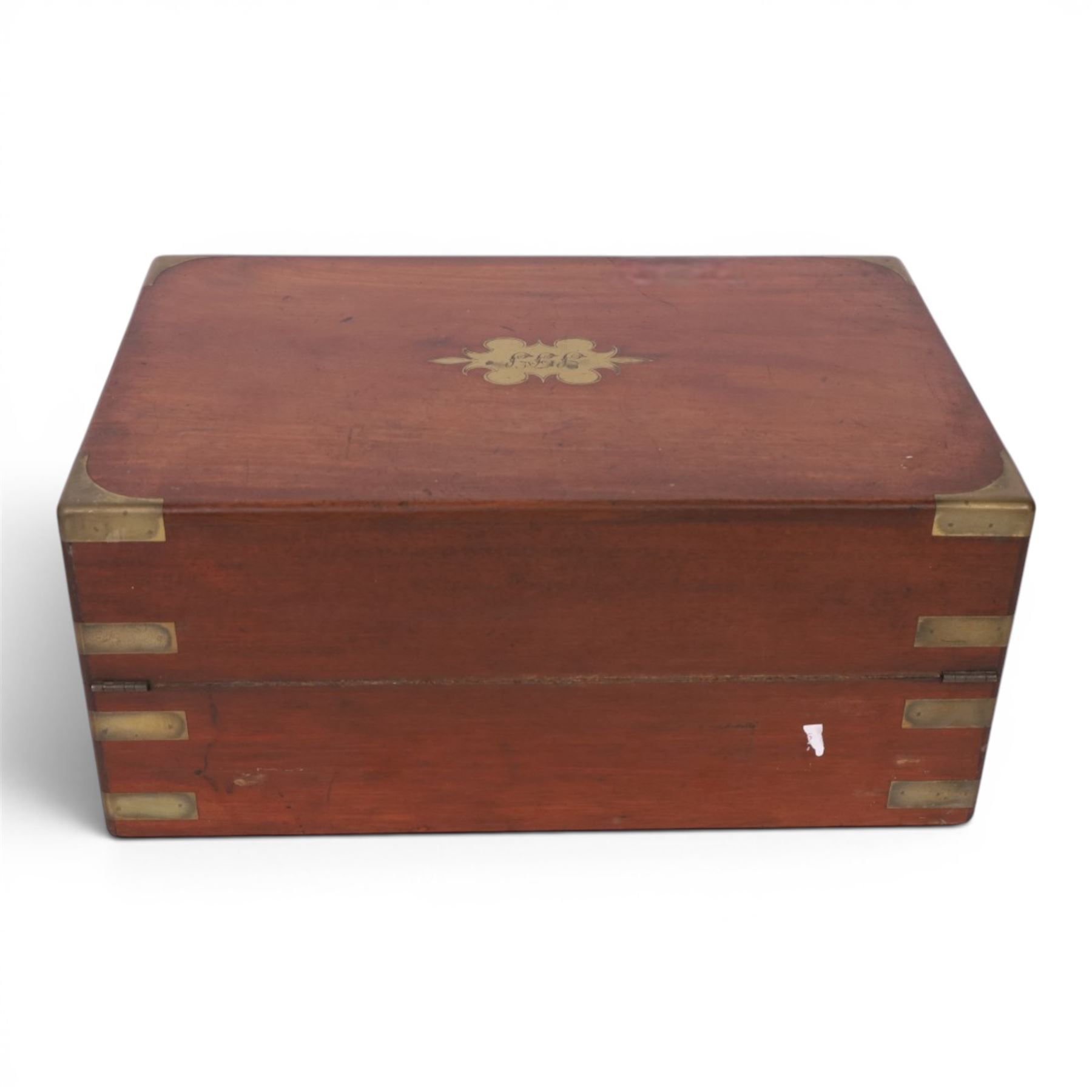 19th century mahogany brass bound writing slope, with fitted interior, H18cm