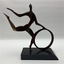 John Huggins FRBS (British 1938): 'Girl with Hoop', bronze sculpture upon black lacquered wooden base, H33cm, artist resale rights apply