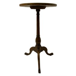 18th century and later oak pedestal tripod or wine table, circular figured top on turned column, on three splayed supports