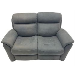 Three seat electric reclining sofa and matching two seater, upholstered in charcoal grey suede fabric, with USB sockets, L150cm and 210cm, 6 months old, cost. £2,000